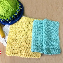 Load image into Gallery viewer, Three Loom Knitting Dishcloth Patterns / Wash cloth / Bath cloth / Wash Towel made on the 24 peg and cotton worsted weight yarn. Project has video tutorial Copyright Loomahat