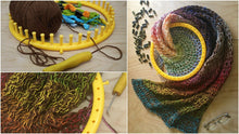 Load image into Gallery viewer, Loom Knit Market Bag Pattern Project. Made on a 41-peg round loom with worsted weight yarn and embroidery floss. Copyright Loomahat