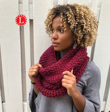 Load image into Gallery viewer, Loom Knit and Purl in 8 Eight Oversized Cowl Scarf Project Pattern made with Lion Brand Hometown USA Super Bulky in Tampa Spice colorway. Copyright Loomahat