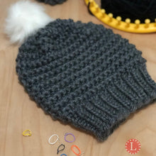 Load image into Gallery viewer, Loom Knit Garter Stitch Slouchy Hat made on a 41 peg loom with Video Tutorial by Loomahat Copyright