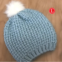 Load image into Gallery viewer, Loon Knit Linen Stitch Slouchy Beanie Hat and Cowl Pattern. Made on a 41 peg loom with Blue bulky yarn. Used WYIF stitch on video tutorial. Copyright Loomahat