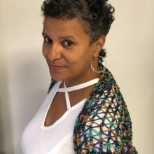 Load image into Gallery viewer, Lace Stitch Bolero Shrug Pattern made with a 41 Peg Round knitting loom Copyright Loomahat