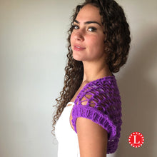 Load image into Gallery viewer, Lace Stitch Bolero Shrug Pattern made with a 36 Peg Round knitting loom Copyright Loomahat