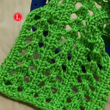 Load image into Gallery viewer, Loom Knit Little Arrowhead Lace Stitch Pattern Small 24-peg knitting loom. Made wih Red Heart green yarn. Copyright Loomahat Image