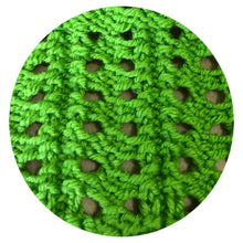 Load image into Gallery viewer, Loom Knit Little Arrowhead Lace Stitch Pattern Small 24-peg knitting loom Reverse side . Made wih Red Heart green yarn. Copyright Loomahat Image