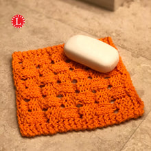 Load image into Gallery viewer, Loom Knit Acorn Eyelet Lace Washcloth Dishcloth  Pattern made on a 24 peg loom using Peaches and Cream cotton yarn Copyrght Loomahat