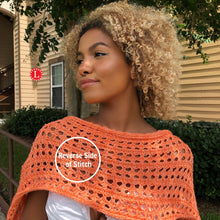 Load image into Gallery viewer, Loom Knit Little Arrowhead Stitch Shawl Pattern made with a 41 peg loom and orange worsted weight yarn. Copyright Loomahat