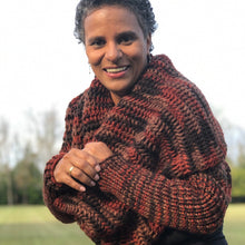 Load image into Gallery viewer, Loom Knit Scarf with Sleeves made on a 36 Peg knitting loom with Video Tutorial by Loomahat Copyright Pattern and Picture