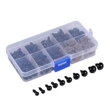 Load image into Gallery viewer, 100 or 150 Pieces Solid Black Safety Eyes with Washers Sizes 6mm 8mm 9mm 10mm 12mm