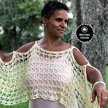 Load image into Gallery viewer, Loom knit lace crop top pattern with round or long knitting loom with video tutorial by loomahat