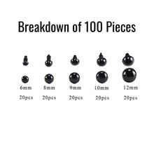 Load image into Gallery viewer, 100 or 150 Pieces Solid Black Safety Eyes with Washers Sizes 6mm 8mm 9mm 10mm 12mm