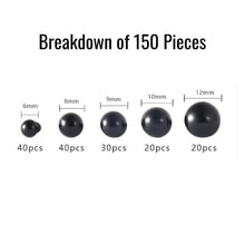 Load image into Gallery viewer, 100 or 150 Pieces Solid Black Safety Eyes with Washers Sizes 6mm 8mm 9mm 10mm 12mm