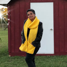 Load image into Gallery viewer, Warm and Cozy , Oversized Garter and Seed Stitch Loom Knit Scarf with Pockets Project Pattern . Made on 41 Peg Knitting Loom with Bernat Softee Baby Chunky Yarn in Yellow Buttercup colorway.  Copyright Loomahat
