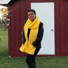 Load image into Gallery viewer, Warm and Cozy , Oversized Garter and Seed Stitch Loom Knit Scarf with Pockets Project Pattern . Made on 41 Peg Knitting Loom with Bernat Softee Baby Chunky Yarn in Yellow Buttercup colorway.  Copyright Loomahat