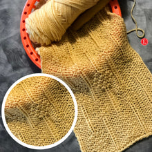 Load image into Gallery viewer, Loom Knit Diamond Moss Stitch Pattern Flat and in the Round. Done on a large gauge knitting loom with worsted weight yarn. Copyright Loomahat