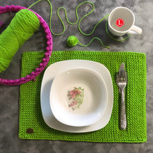 Load image into Gallery viewer, Loom Knit Garter Stitch Table Setting Placemat Pattern made with a 41 Peg loom Copyright Loomahat
