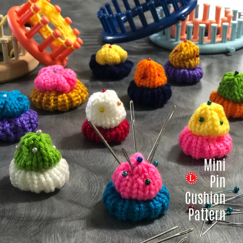 Loom knit mini pin cushion gift idea copyright loomahat