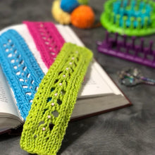 Load image into Gallery viewer, Loom Knit Lace Stitch Bookmark Project Pattern. Made with cotton yarn on a flower loom. Copyright Loomahat