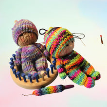 Load image into Gallery viewer, Loom Knit Tiny Doll Toy Project Pattern made on a 24 Peg loom with Red Heart worsted weight scrap yarn.  Copyright Loomahat