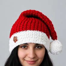Load image into Gallery viewer, Loom Knit Santa Christmas Hat on Round Loom Pattern by Loomahat

