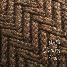 Load image into Gallery viewer, Loom Knit Chevron Zig Zag Diagonal Stitch Pattern on a blue 24-peg knitting loom. Made wih Lion Brand Chunky Yarn
