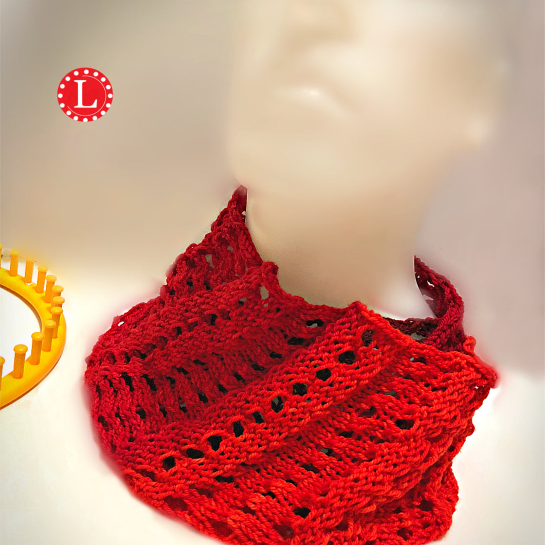 Loom Knit Large Double Eyelet Infinity Scarf Pattern using a 36 peg loom and red worsted red yarn. Copyright  Loomahat
