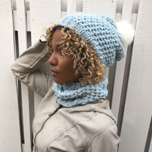 Load image into Gallery viewer, Loon Knit Linen Stitch Hat and Cowl Pattern. Made on a 41 peg loom with bulky yarn. Copyright Loomahat
