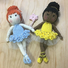 Load image into Gallery viewer, Loom Knit Ballerina Doll Toy Project Pattern. Two dolls in tutus blue and yellow. Copyright Loomahat.com
