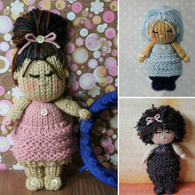 Load image into Gallery viewer, Loom Knit Doll Project Pattern Copyright Loomahat three dolls with 24 peg round loom and Red Heart worsted weight yarn.
