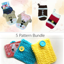 Load image into Gallery viewer, Loom Knit Gift Card Holder. Teddy Bear , Football , Santa , Seed Stitch themes,  Made on a 24 peg roung loom with Red Heart scrap yarn. Copyright Loomahat
