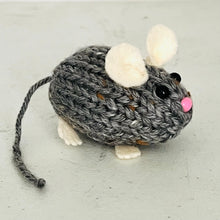Load image into Gallery viewer, Loom Knit Toy Cat Mouse Mice Made with 24 Peg loom using Simply Soft Grey Heather Scrap Yarn Coyright Loomahat
