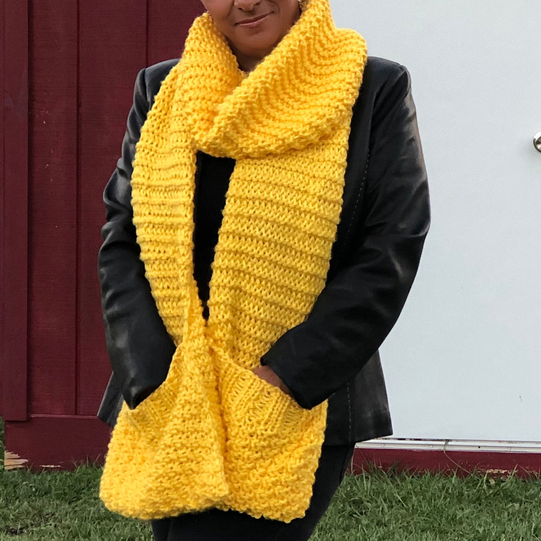 Garter and Seed Stitch Loom Knit Scarf with Pockets Project Pattern . Made on 41 Peg Knitting Loom with Bernat Softee Baby Chunky Yarn in Yellow Buttercup colorway.  Copyright Loomahat