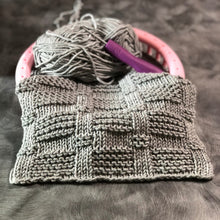 Load image into Gallery viewer, Loom Knit Blocks Stitch Pattern on a Pink Round Knitting Loom with Gray Hook Nook Yarn
