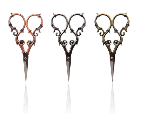 Elaborate Curls Handle Embroidery Scissors Red Copper Silver Bronze