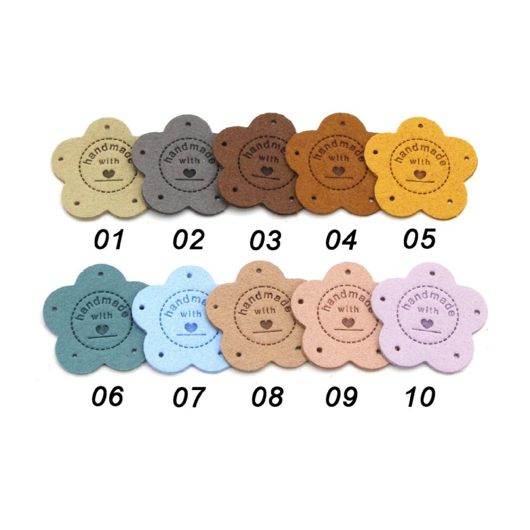 Handmade with Love Leather Tag Label Flower Gray Pink Blue Brown Tan 10 colors
