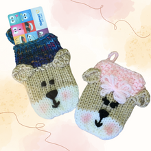 Load image into Gallery viewer, Loom Knit Teddy Bear Gift Card Holder. Made on a 24 peg roung loom with Red Heart scrap yarn. Copyright Loomahat
