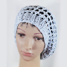 Load image into Gallery viewer, Loom Knit Three Step Stitch Slouchy Hat Snood Pattern. Made with 41 peg loom. Copyright Loomahat 
