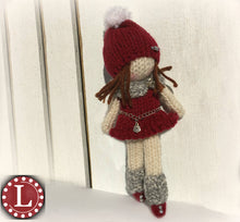 Load image into Gallery viewer, Loom Knit Doll with Hat, Cowl and Leg warmers Project Pattern. Made on a 24 peg round loom. Copyright Loomahat
