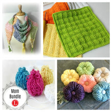 Load image into Gallery viewer, Loom Knit Scarf Flowers Dishcloth And Gift Bag Pattern Bundle Copyright Loomahat 
