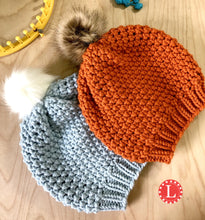 Load image into Gallery viewer, Loom Knit Purl in 8 Stitch Slouchy Hat and Cowl Pattern made on 41 peg loom with Video tutorial by Loomahat Copyright 
