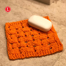 Load image into Gallery viewer, Loom Knit Acorn Eyelet Lace Washcloth Dishcloth  Pattern made on a 24 peg loom using Peaches and Cream cotton yarn Copyrght Loomahat
