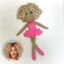 Load image into Gallery viewer, Make your daughter her own Loom knit ballerina doll project pattern.  Made on a 24 peg round knitting loom with Red Heart scrap yarn in pink. Copyright Loomahat

