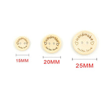 Load image into Gallery viewer, 5 Handmade with Love Sewing Button Tags Natural Wooden 25mm,  20mm or 15mm
