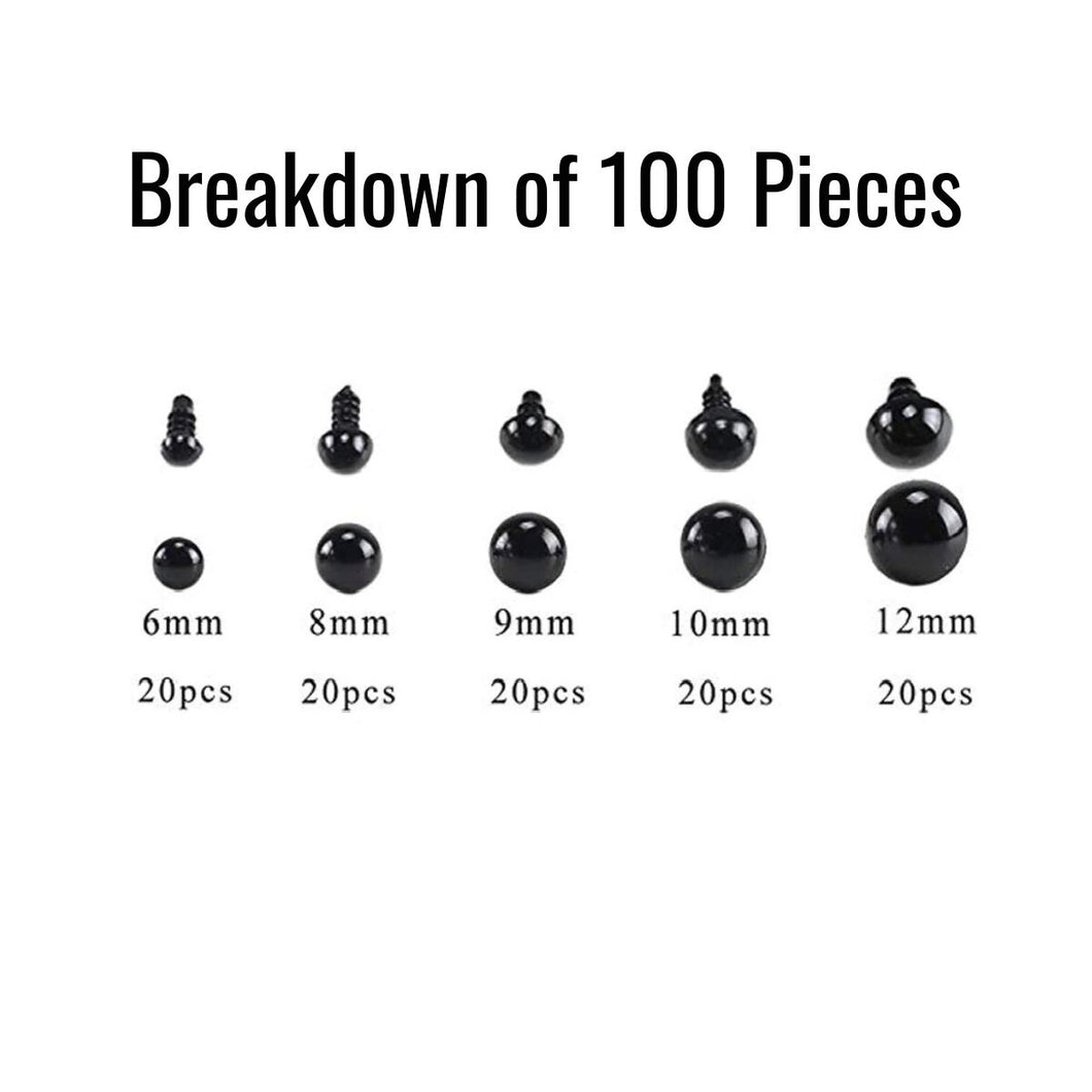 100 or 150 Pieces Solid Black Safety Eyes with Washers Sizes 6mm 8mm 9mm 10mm 12mm