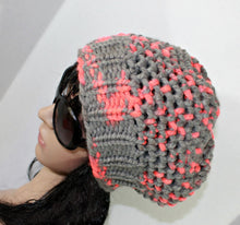 Load image into Gallery viewer, Loom Knit Mock Crochet Stitch Slouchy Hat Pattern made with a 41 peg loom and chunky lion brand yarn. Copyright Loomahat
